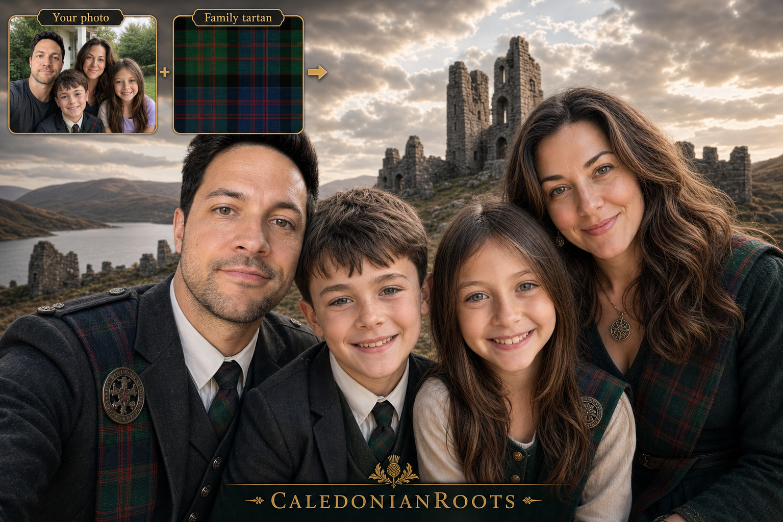 Custom family tartan portrait mockup with Highland landscape