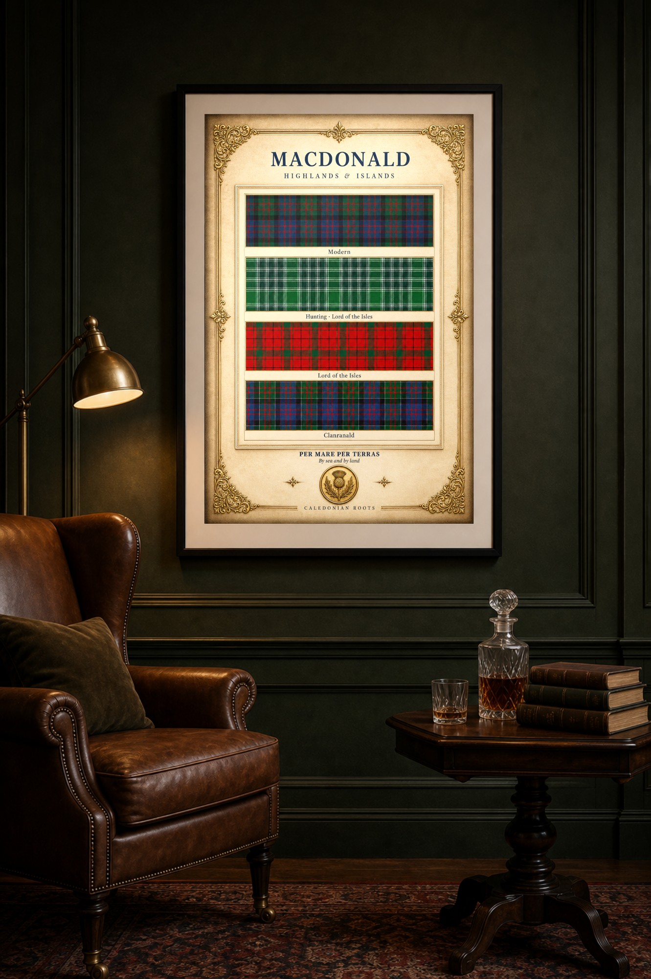 Premium MacDonald clan tartan tile print mockup in a heritage room setting